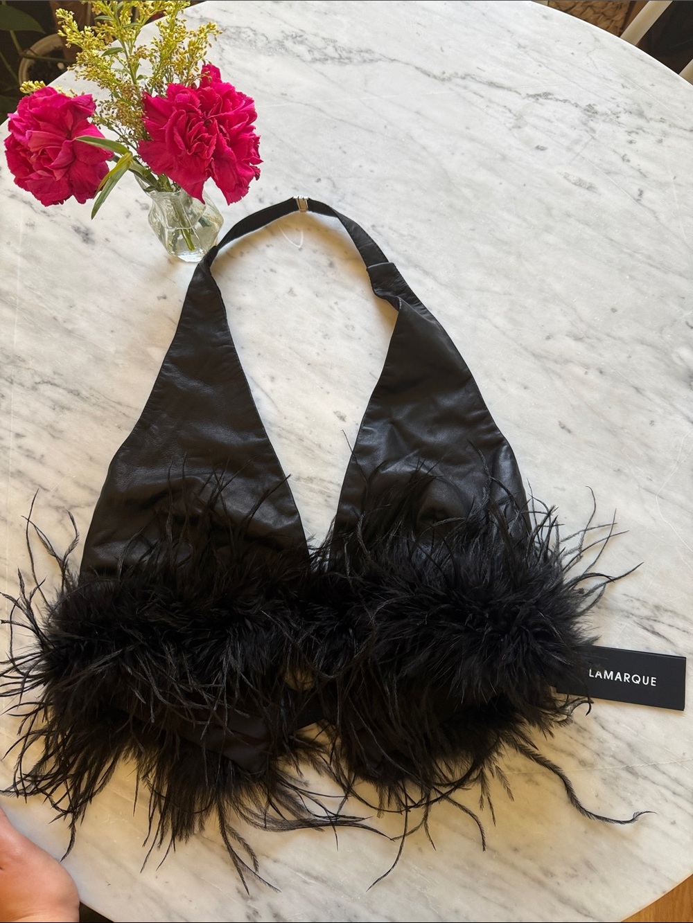 NWT Lamarque Black Feather Halter Crop Top with Plumed Trim